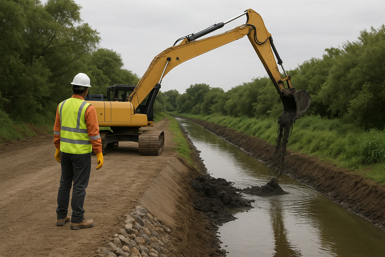 Limpieza de un cauce con excavadora